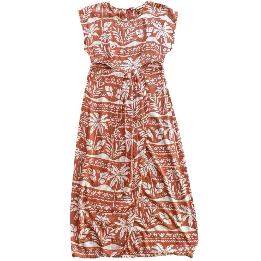 O’Neill Cindi Paloma Midi Dress XS Orange Palm Print Cutout Beach Resort